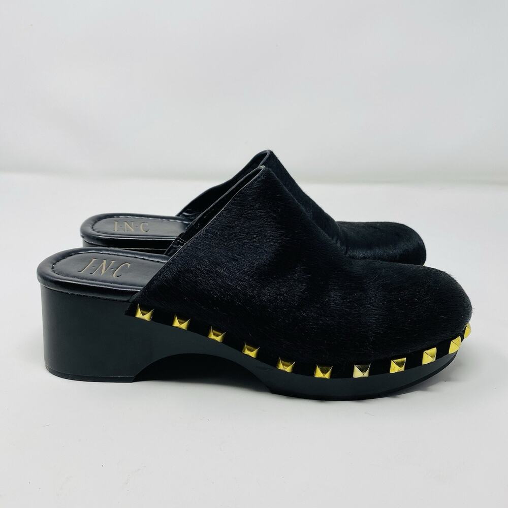 INC International Concepts Clogs 10 Black Dyed Calf Fur Studded Slip On